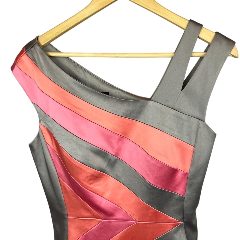 JAX Satan Sheath Dress Color Block Strips Split Shoulder SZ 12‎ Gray Pink Orange - Picture 2 of 8